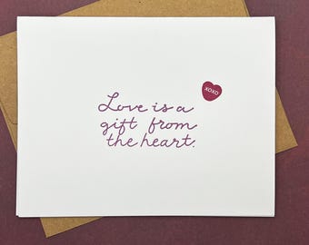 Hand Stamped Love Quote Card with Kraft Envelope, Romantic Valentine's Day Gift Set