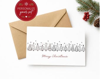 Minimalist Christmas Tree Cards Set | Rustic Holiday Stationery (8 Cards) Personalized