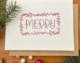 Whimsical Floral Hand-Stamped Merry Christmas Cards Set with Kraft Envelopes - 8 Pack Holiday Greeting