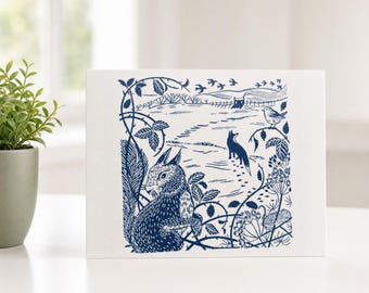 Woodland Scene Note Cards, Blue Forest Animals, Kraft Envelopes (Set Sizes Available)