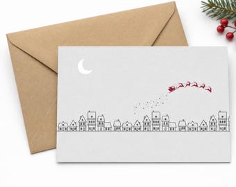 Minimalist Santa Sleigh Christmas Cards | Village Line Art Holiday Greeting Set (8 Cards) Personalized
