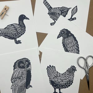 Bird Set handgestempelde gevouwen wenskaarten met enveloppen | Blanco gevouwen notitiekaarten | Set van 10 kaarten: zwart-wit