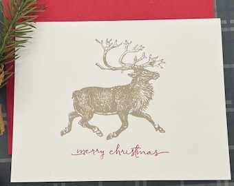 Vintage-Inspired Hand Stamped Reindeer Christmas Card Set with Red Envelopes - 8 Pack Holiday Greetings