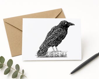 Raven Note Cards, Gothic Bird Stationery Set with Kraft Envelopes