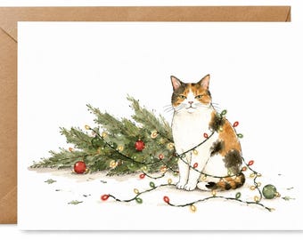 Funny Calico Cat Christmas Card Set | Watercolor Holiday Greeting Cards (8 Cards)
