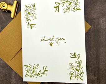 Botanical Thank You Cards: Hand-Stamped Bee & Leaves Design, Set of 8 with Kraft Envelopes