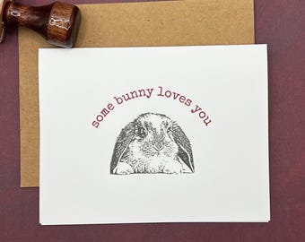 Hand Stamped Bunny Valentine's Day Card - Some Bunny Loves You, Kraft Envelope