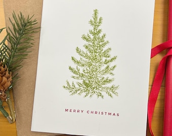Handmade Minimalist Evergreen Holiday Cards Set - Stamped Christmas Tree Design with Kraft Envelopes