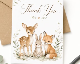 Woodland Baby Shower Thank You Cards, Watercolor Deer, Bunny, Fox (Set of 8)