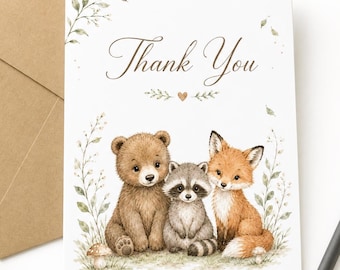 Woodland Baby Shower Thank You Cards – Bear, Fox, Raccoon Watercolor Set (8 Count)