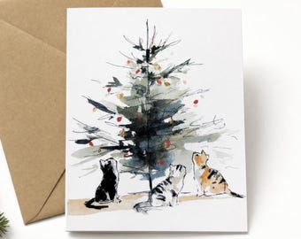 Personalized Cat Christmas Cards, Watercolor Tree, A2 Size (Set of 8)