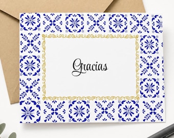 Gracias Thank You Cards | Blue White Mexican Tile Design Stationery Set of 8