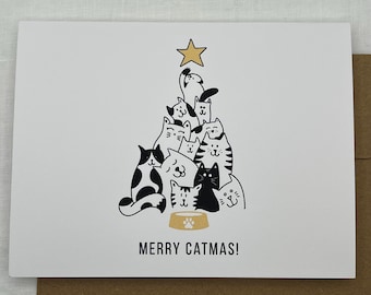 Merry Catmas Funny Holiday Cards Set - 8 Cat-Themed Christmas Greetings with Kraft Envelopes
