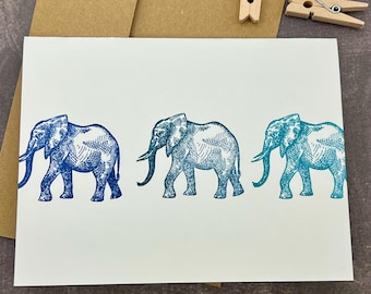 Hand-Stamped Elephant Circus Card Set: 8 Blank Greeting Notes with Envelopes for All Occasions
