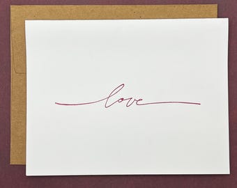 Hand Stamped Love Card - Minimalist Red Script, Kraft Envelope