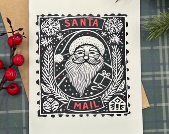 Handmade Santa Christmas Cards Block Print Holiday Stationery Set of 8 Festive Greeting