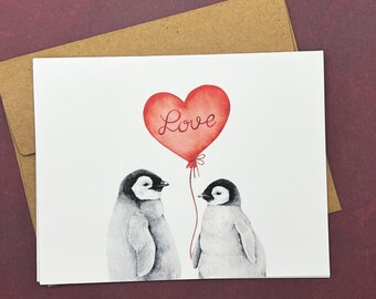 Handmade Penguin Love Card, Heart Balloon, Kraft Envelope
