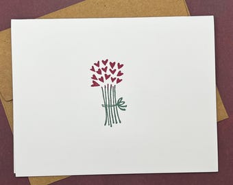 Hand Stamped Heart Bouquet Card - Romantic Valentine's Day, Kraft Envelope