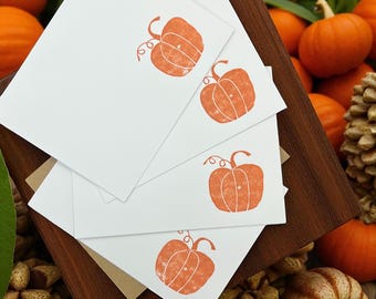 Rustic Autumn Pumpkin Note Cards Set - Hand-Stamped Fall Stationery with Kraft Envelopes (8 Pack)