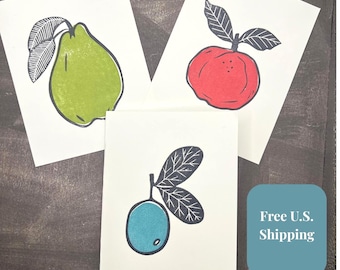 Fruit Notecard Set: Hand Stamped Pear, Plum, Persimmon - Set of 9