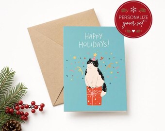 Personalized Cat Christmas Cards Set of 8 with Kraft Envelopes | Custom Holiday Message A2