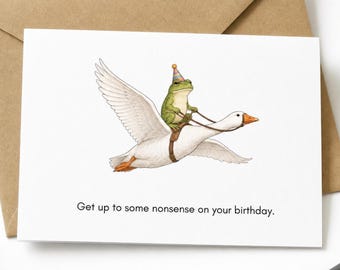 Funny Frog Riding Goose Birthday Card, Quirky Animal Humor (A2)