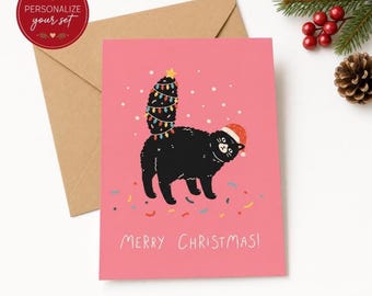Funny Black Cat Christmas Card | Santa Hat, Tree Tail, Personalize (Set of 8), Personalize