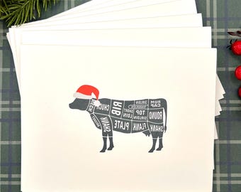Funny Cow Christmas Cards: Butcher Humor - Handmade Note Card Set