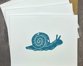 Handmade Snail Note Cards Set: 8 Blue Stamped Illustrations with Kraft Envelopes, Blank Inside