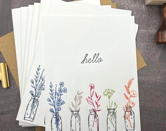 Handmade Wildflower Mason Jar Notecards - Blank A2 Floral Greeting Cards Set - Rustic Stamped Stationery
