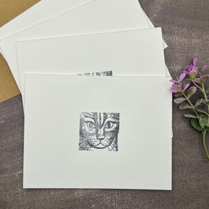 Cat Face Note Cards Set of 8 with Kraft Envelopes, Hand Stamped Vintage Style Cat Illustration, Blank Inside Handmade Stationery