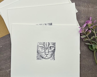 Hand Stamped Cat Note Card Set: Vintage Style Stationery with Kraft Envelopes