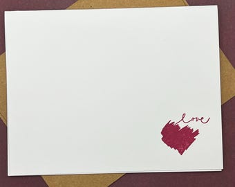 Hand Stamped Love Card Set, Red Heart with Kraft Envelope