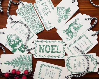 Handmade Green Christmas Gift Tags, Vintage Style, Set of 12