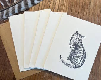 Vintage-Inspired Cat Illustration Note Cards Set - 8 Hand-Stamped Kitten Stationery with Kraft Envelopes