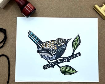 Hand-Stamped Wren Note Cards - Set of 8 - Nature Stationery