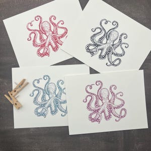 8 Hand Stamped Octopus Folded Note Cards with Envelopes | Blank Folded Note Cards  | Set of 8 Cards-Multi Colored/Black