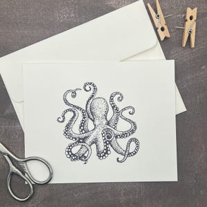 Oktopus Handgestempelte Klappkarten mit Umschlägen | Blanko Klappkarten | Set mit 8 Karten - Bunt/Schwarz