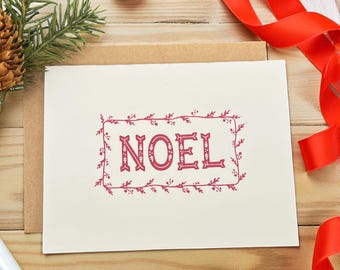 Rustic Hand Stamped Noel Christmas Cards Set with Envelopes - Red Holiday Stationery