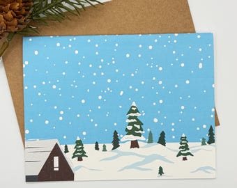 Snowy Cabin Christmas Cards | Minimalist Winter Holiday A2 Stationery Set (8 Cards) Personalize