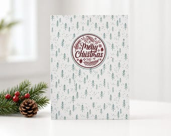 Set of 8 Merry Christmas Cards | Vintage Emblem, Tree Design, Kraft Envelopes