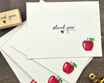 Handmade Teacher Thank You Cards Set of 8: Stamped Apple & Bee Design