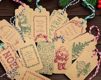 Handmade Kraft Christmas Gift Tags, Vintage Style, Set of 12