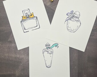 Perfume Bottles Hand Stamped Folded Note Cards with Envelopes | Blank Folded Note Cards  | Set of 8 Cards-Multi Colored/Black