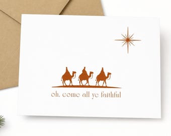 Religious Christmas Cards: Three Wise Men, Star, Red Hymn Print, Set of 8