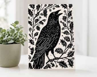 Linocut Crow Christmas Cards, Gothic Holiday Stationery, Woodland Botanicals (Set of 8)