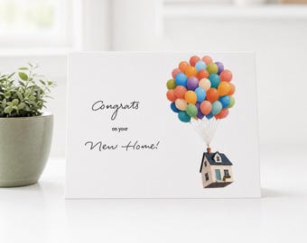 New Home Card, Housewarming Congratulations, Whimsical House Balloons (A2 Size)