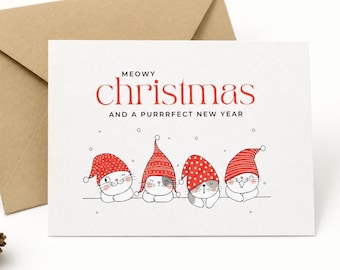 Meowy Christmas Cat Cards Set | Funny Holiday Greeting Cards with Kraft Envelopes