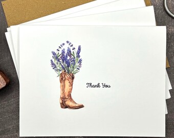 Rustic Cowboy Boot Thank You Cards: Lavender Floral, Western Stationery-Set of 8