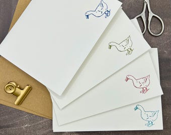 Hand-Stamped Duck Note Card Set: Teal Bird Illustration, Kraft Envelopes